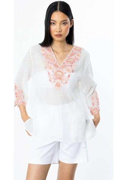 Nakış Detaylı Keten Ekru Kadın Bluz 3936-2Y5 fiyatları