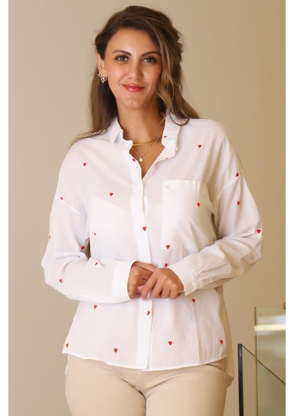 Uzun Kollu Kırmızı Kalp Detaylı Kadın Gömlek 3039-2Y5