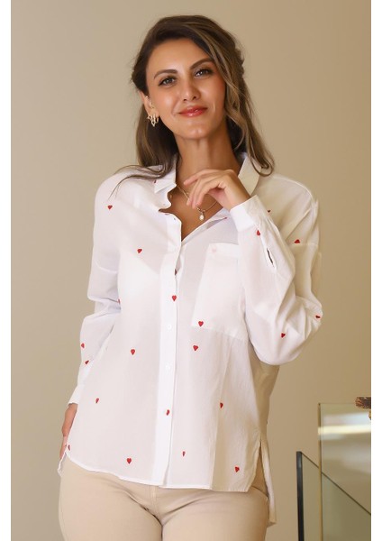 Uzun Kollu Kırmızı Kalp Detaylı Kadın Gömlek 3039-2Y5 fiyatları