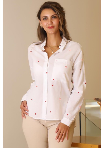 Uzun Kollu Kırmızı Kalp Detaylı Kadın Gömlek 3039-2Y5 modelleri