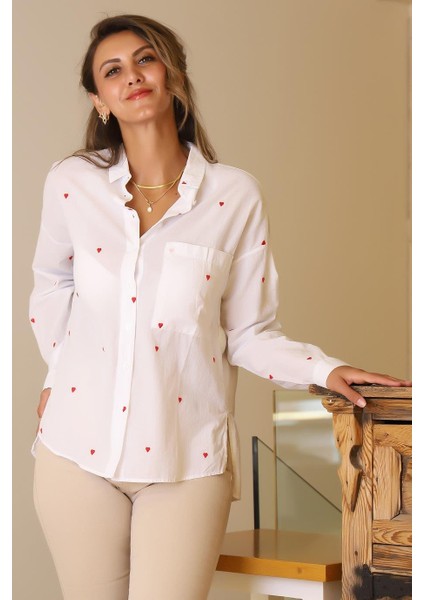 Uzun Kollu Kırmızı Kalp Detaylı Kadın Gömlek 3039-2Y5 fırsatları