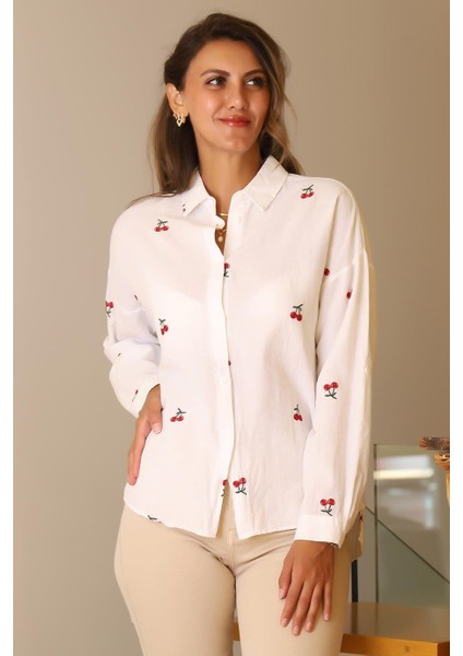 Kiraz Desenli Uzun Kollu Beyaz Kadın Gömlek 4445-2Y4 fiyatları