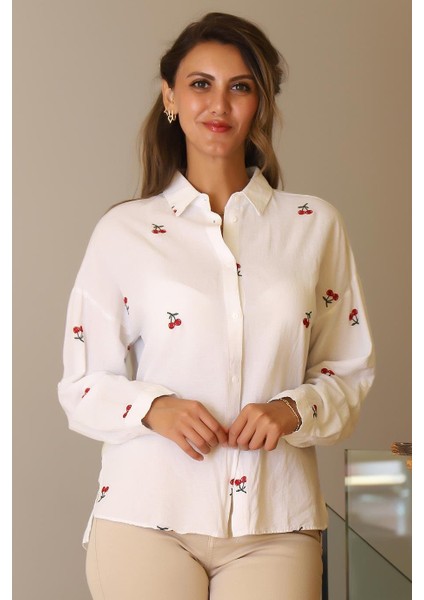 Kiraz Desenli Uzun Kollu Beyaz Kadın Gömlek 4445-2Y4 modelleri