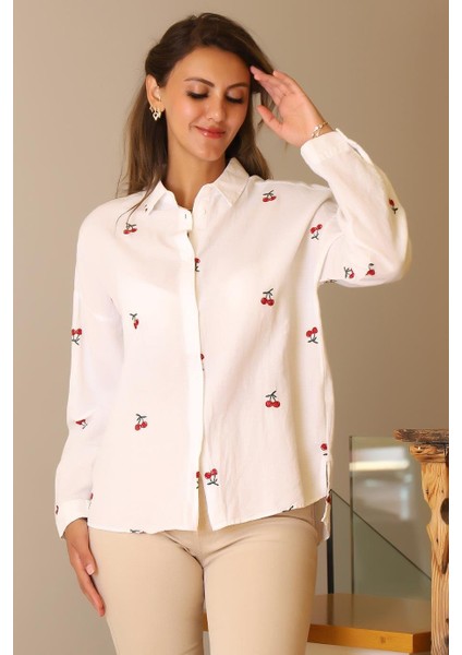 Kiraz Desenli Uzun Kollu Beyaz Kadın Gömlek 4445-2Y4 fırsatları
