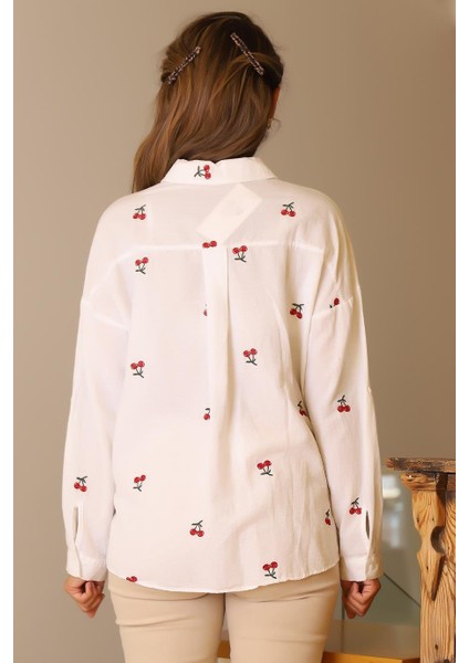 Kiraz Desenli Uzun Kollu Beyaz Kadın Gömlek 4445-2Y4 indirimleri