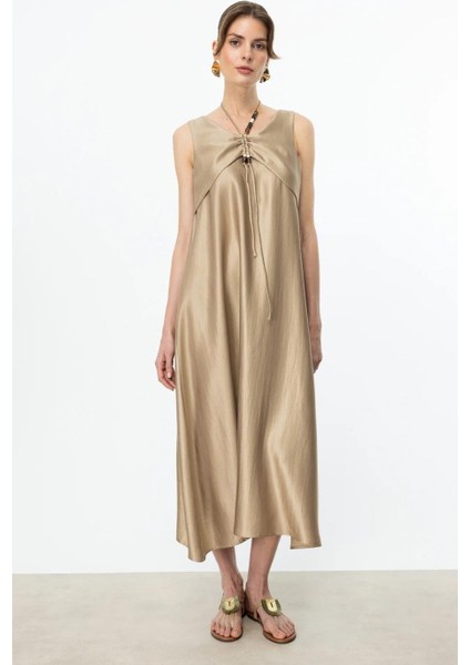 Boncuk Süslü Volanlı Maxi Gold Kadın Elbise S 5220-2Y5 5220-2Y5