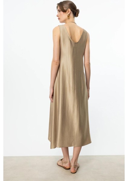 Boncuk Süslü Volanlı Maxi Gold Kadın Elbise S 5220-2Y5 5220-2Y5