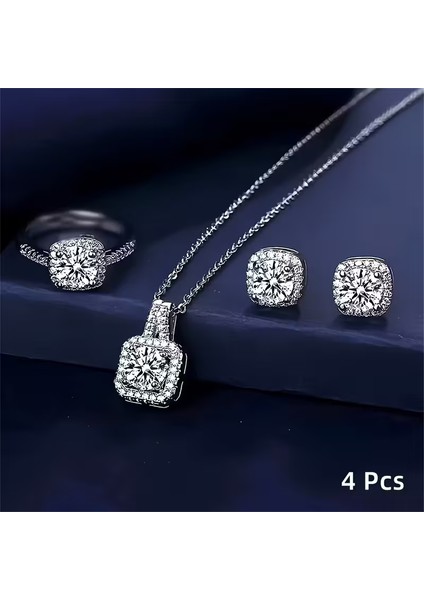 4 Parıltılı Küp Su Taşlı Takı Seti! Kolye Pandantifleri, Yüzükler ve Küpeler
