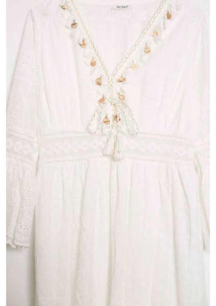 Püskül Detaylı Ekru Kadın Elbise M38343-2Y5 fiyatları