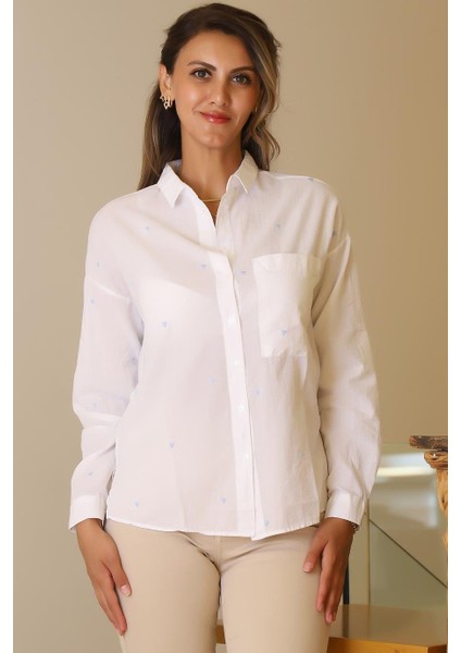 Uzun Kollu Mavi Kalp Detaylı Kadın Gömlek 3039-2Y5