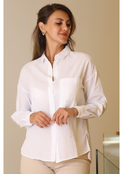 Uzun Kollu Mavi Kalp Detaylı Kadın Gömlek 3039-2Y5 fiyatları