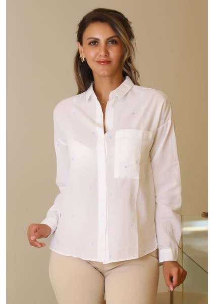 Uzun Kollu Mavi Kalp Detaylı Kadın Gömlek 3039-2Y5 fırsatları