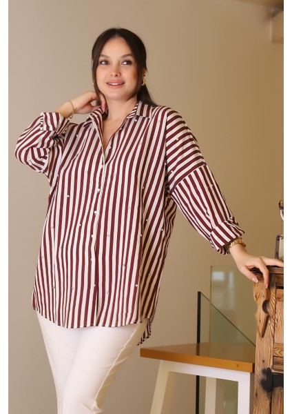 Bordo Çizgili Taşlı Kadın Gömlek 4735-2Y5