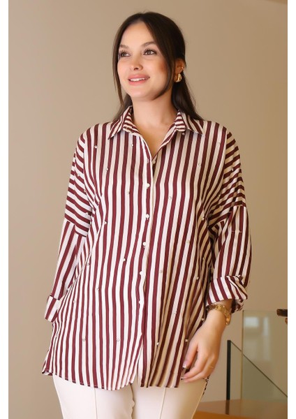 Bordo Çizgili Taşlı Kadın Gömlek 4735-2Y5 fiyatları