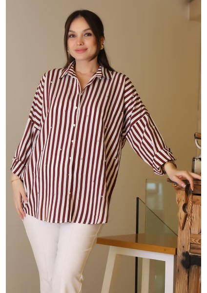 Bordo Çizgili Taşlı Kadın Gömlek 4735-2Y5 modelleri