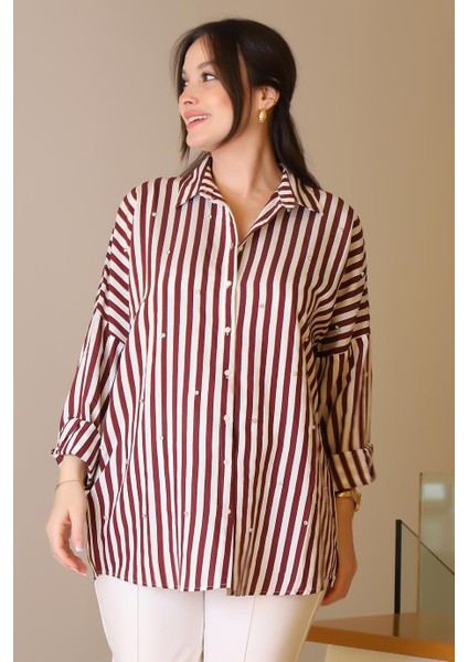 Bordo Çizgili Taşlı Kadın Gömlek 4735-2Y5 fırsatları