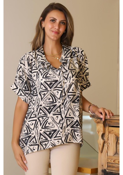 Katlamalı Kol Desenli Ekru Isiyah Kadın Gömlek 29751-2Y5