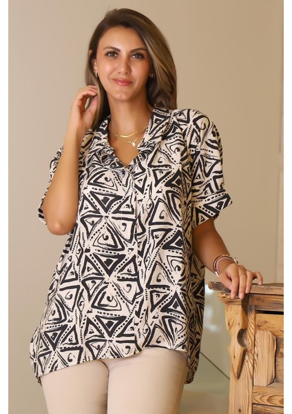 Katlamalı Kol Desenli Ekru Isiyah Kadın Gömlek 29751-2Y5 modelleri