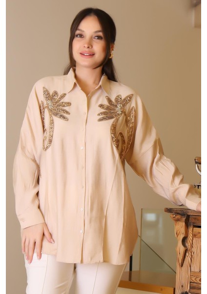 Uzun Kollu Boncuk Işlemeli Bej Kadın Gömlek 4470-2Y5