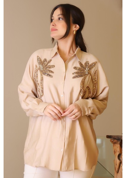 Uzun Kollu Boncuk Işlemeli Bej Kadın Gömlek 4470-2Y5 fiyatları