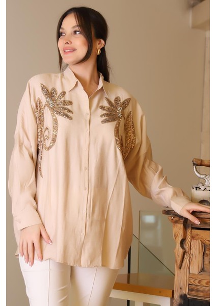 Uzun Kollu Boncuk Işlemeli Bej Kadın Gömlek 4470-2Y5 modelleri