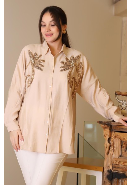 Uzun Kollu Boncuk Işlemeli Bej Kadın Gömlek 4470-2Y5 fırsatları