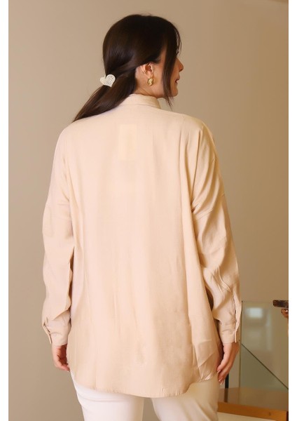 Uzun Kollu Boncuk Işlemeli Bej Kadın Gömlek 4470-2Y5 indirimleri