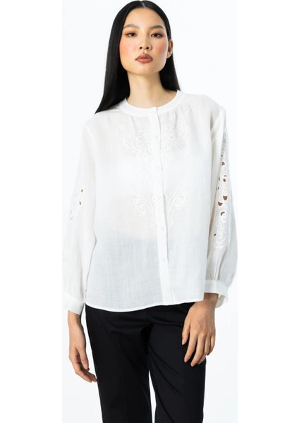 Nakışlı Keten Ekru Kadın Gömlek 3942-2Y5