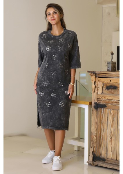 Yanları Yırtmaçlı Siyah Kadın Elbise 7249-2Y5