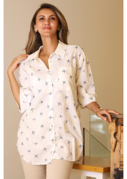 Çiçek Desenli Yarım Kol Petrol Kadın Gömlek 27876-2Y5