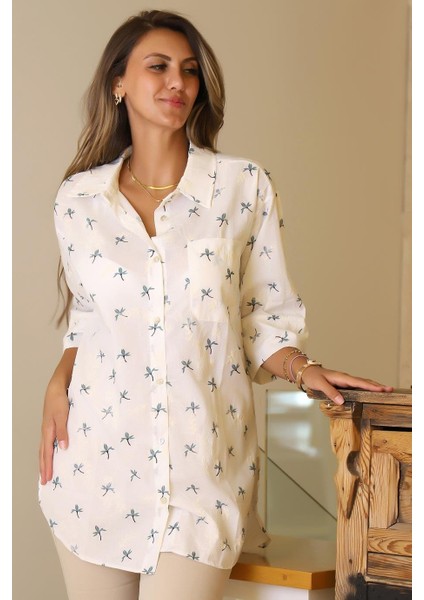 Çiçek Desenli Yarım Kol Petrol Kadın Gömlek 27876-2Y5 fiyatları