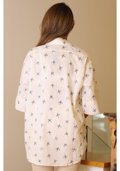 Çiçek Desenli Yarım Kol Petrol Kadın Gömlek 27876-2Y5 modelleri