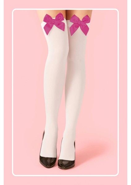 Fuşya Fiyonklu Beyaz Jartiyer Çorabı TM1379