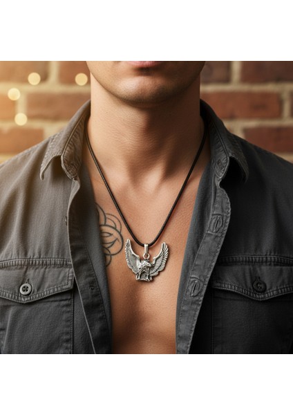 Koruyucu Kartal Gümüş Kaplama Deri İp Kolye