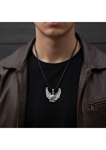 Koruyucu Kartal Gümüş Kaplama Deri İp Kolye modelleri