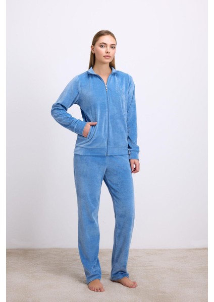 Uzun Kollu Fermuarlı Kadife Sweatshirt ve Pantolon Pijama Takımı