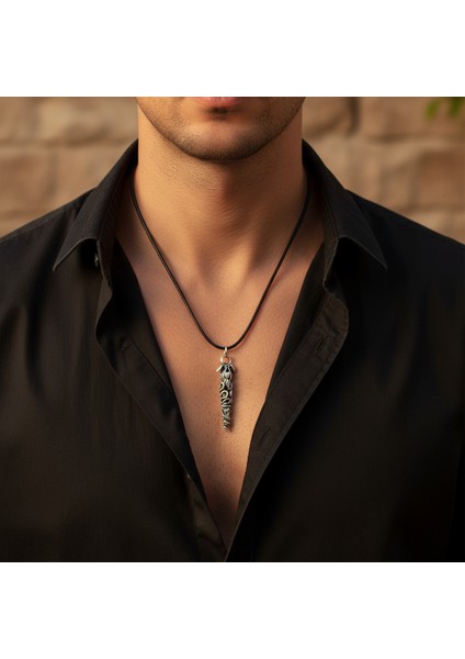 Çift Yılanlı Çubuk Gümüş Kaplama Deri İp Kolye