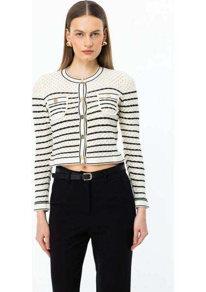 Çizgili Crop Krem Kadın Hırka 53901-2Y5