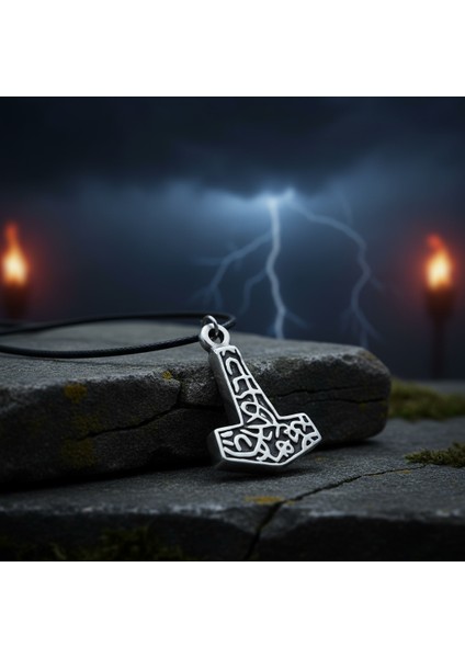 Thor Mjollnir Hammer Gümüş Kaplama Deri İp Kolye fırsatları