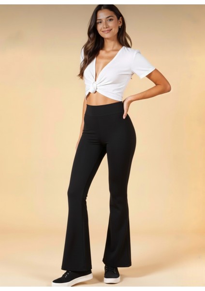 Kadın Şardonlu Dalgıç Kumaş Kışlık Içi Polarlı Yüksek Bel Toparlayıcı Ispanyol Paça Flare Tayt Pantolon