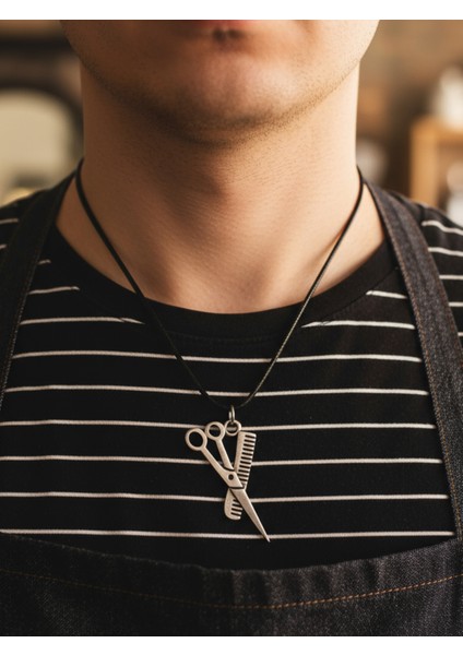 Berber - Makas - Tarak Gümüş Kaplama Deri Ip Kolye