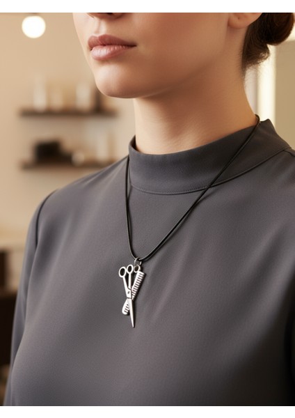 Berber - Makas - Tarak Gümüş Kaplama Deri Ip Kolye fiyatları