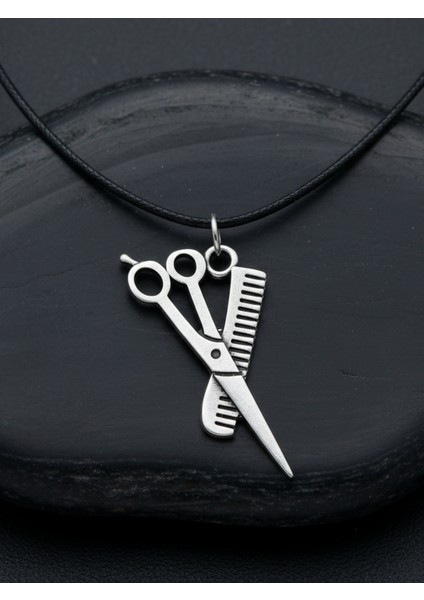 Berber - Makas - Tarak Gümüş Kaplama Deri Ip Kolye modelleri