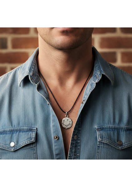 Asi Ruh Nirvana - Gülen Yüz Gümüş Kaplama Deri İp Kolye