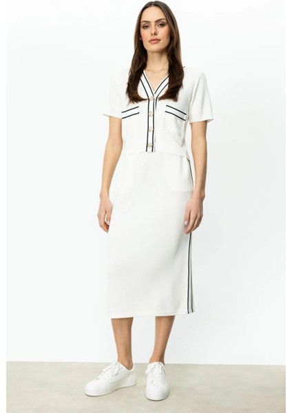 Şerit Detaylı Midi Boy Ekru Kadın Etek 56341-2Y5