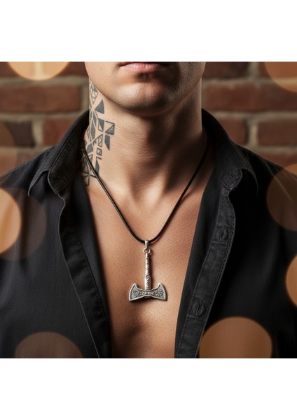 Viking Run Sembol Balta Gümüş Kaplama Deri İp Kolye