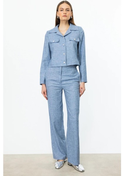 Yan Cepli Bol Paça Mavi Kadın Pantolon 4198-2Y5