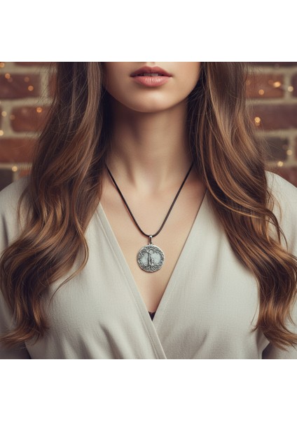 Anne Çocuk - Hayat Ağacı Gümüş Kaplama Deri Ip Kolye