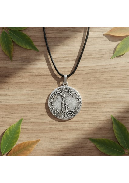 Anne Çocuk - Hayat Ağacı Gümüş Kaplama Deri Ip Kolye modelleri