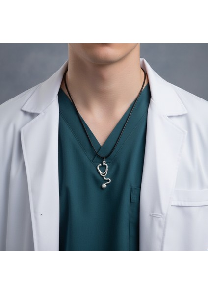 Doktor Steteskop Gümüş Kaplama Deri İp Kolye